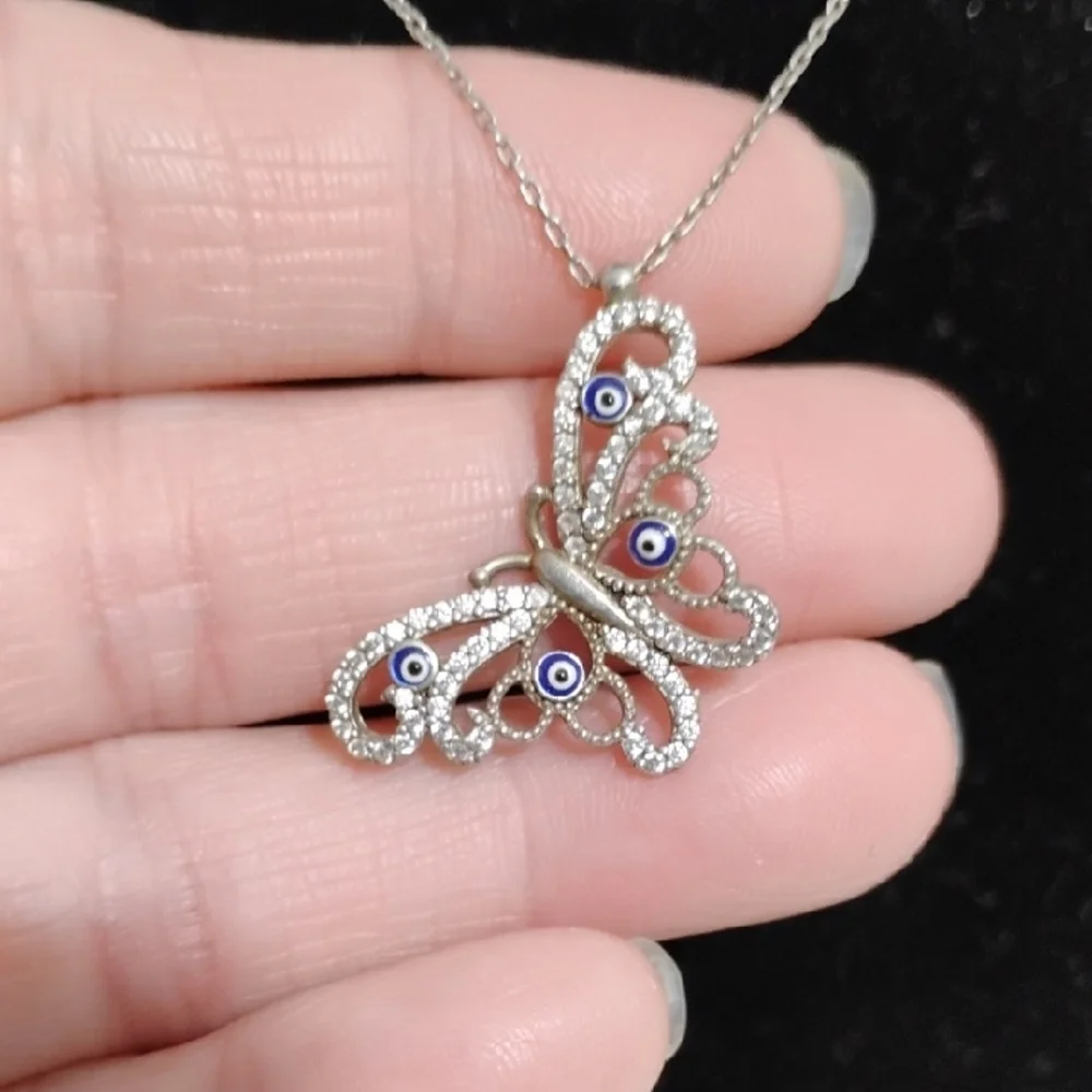 SALE! Elegant 925 Silver Butterfly & Evil Eye Czs Pendant Necklace 18